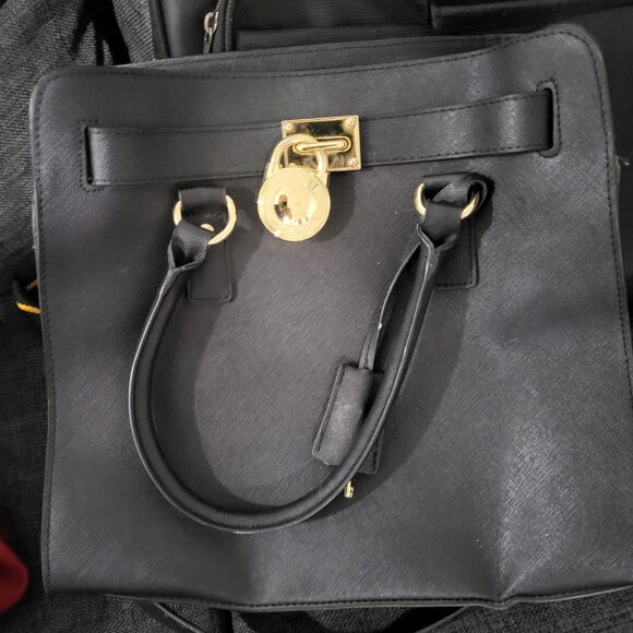 AUTHENTIC Michael Kors Hamilton Black Leather Gold Satchel Crossbody Tote Bag - Picture 6 of 10